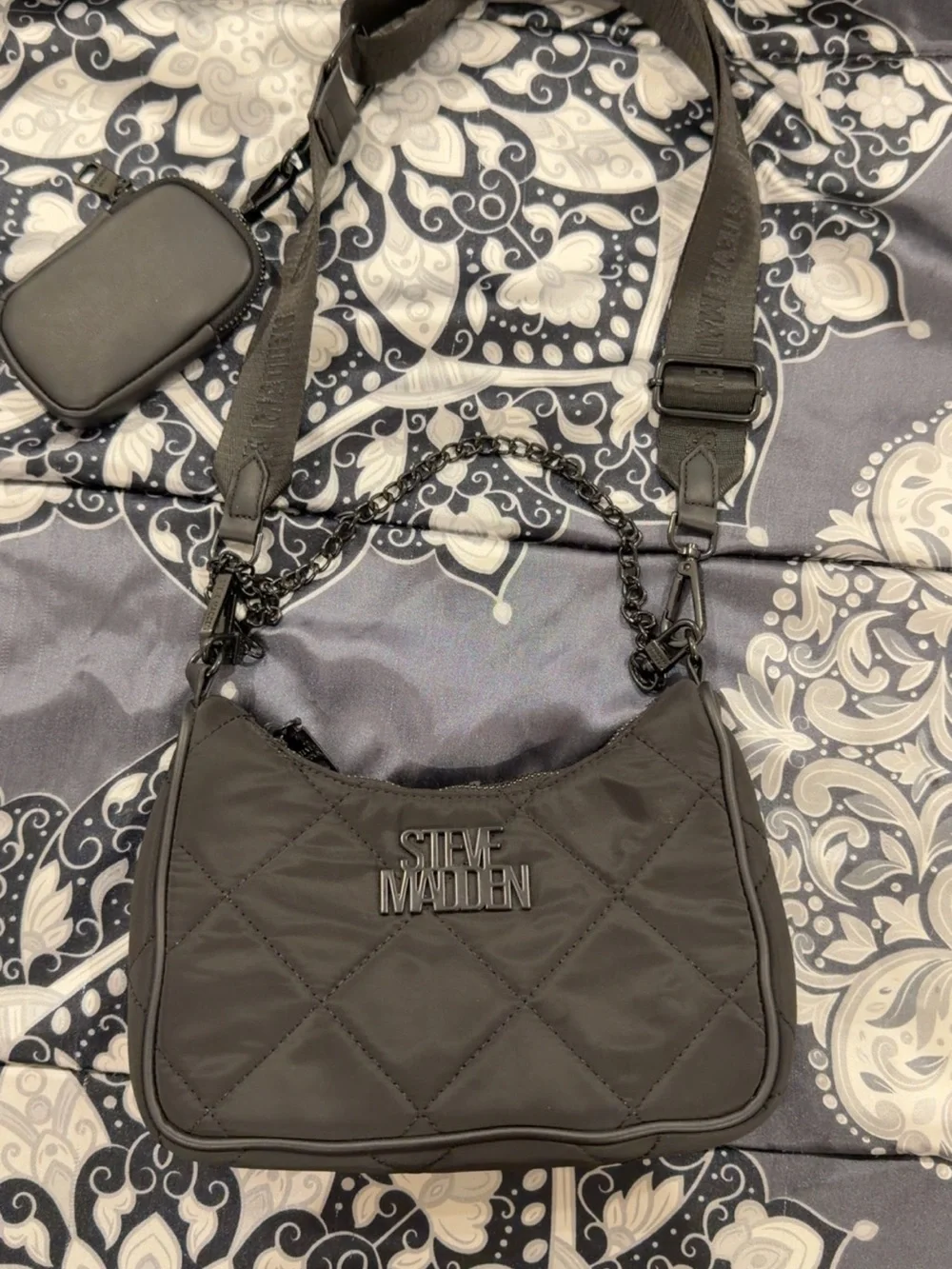 Steve Madden Quilted Black Shoulder Bag with Chain and Adjustable Strap